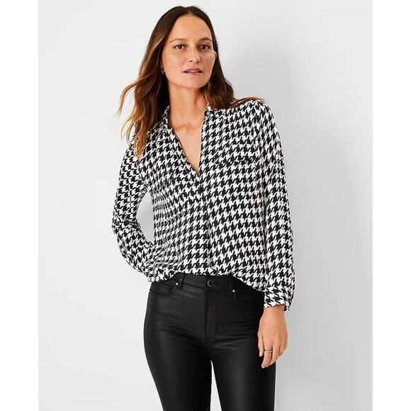 Ann Taylor Womens Medium Houndstooth Camp Shirt Blouse Black White Top - Picture 3 of 13